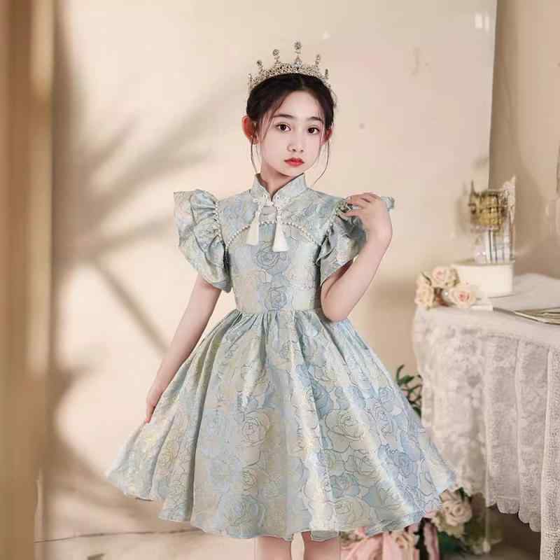 ドレス 女の子 キッズ 中国風 プリンセスドレス ピアノ発表会 演奏会 ステージ衣装 結婚式 フォーマル ロング丈 高級感 夏 ブルー