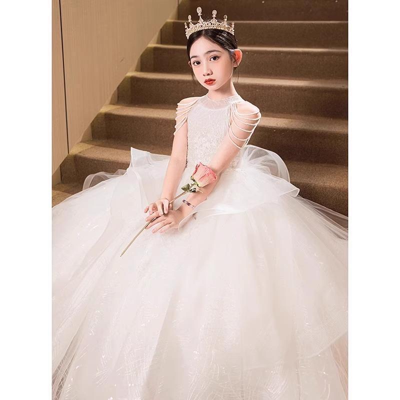 子供 女の子 フォーマルドレス プリンセス 誕生日 結婚式 発表会 演奏会 司会 フラワーガール パーティー セレモニー 上品 かわいい 高級感 エレガント ホワイト ポリエステル