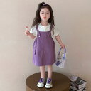 キッズ 女の子 ジャンパースカート セットアップ 夏服 半袖 パープル 綿混 薄手 快適 韓国風 カジュアル 普段着