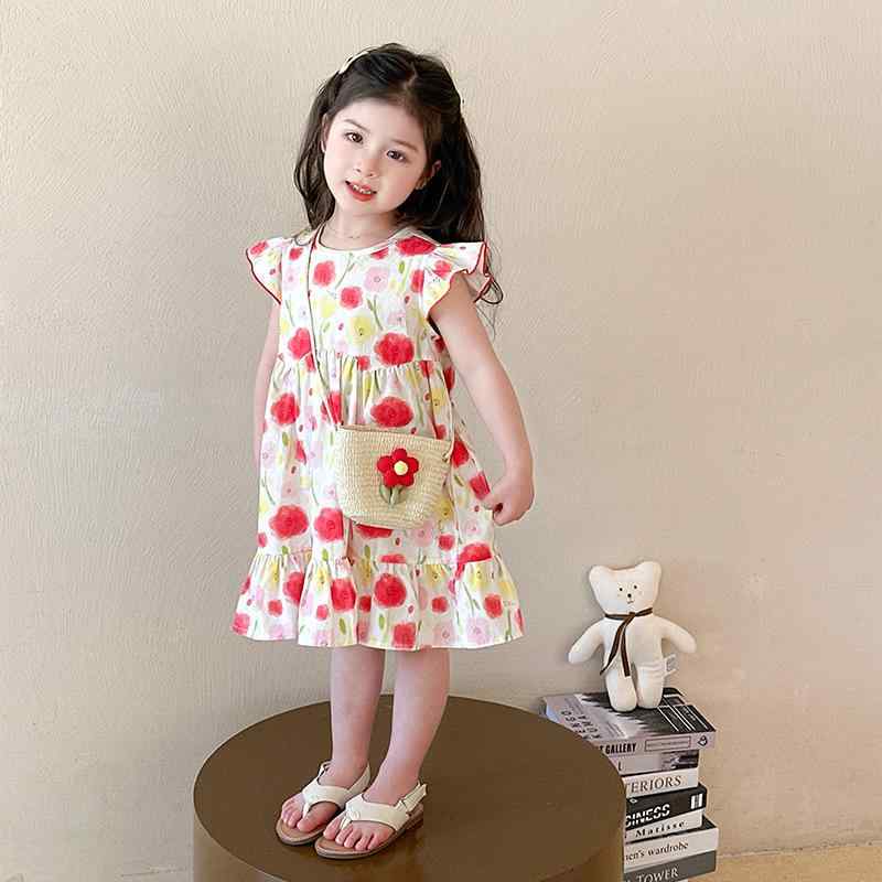 ワンピース 女の子 キッズ ベビー ノースリーブ フリルスリーブ 小花柄 プリンセスライン フレア 韓国風 かわいい おしゃれ ソフトタッチ ポリエステル 夏 ビーチ リゾート