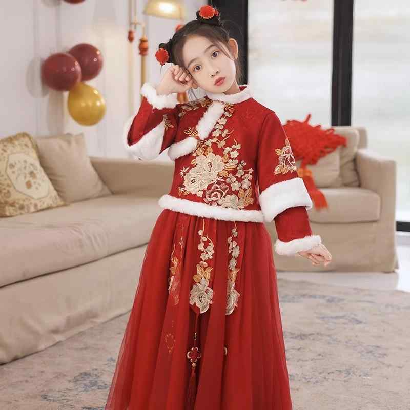 漢服 女の子 子供 ジュニア 正月 春秋冬 裏起毛 華やか プリンセスドレス 発表会 演奏会 舞台衣装 フォーマル ポリエステル ワインレッド