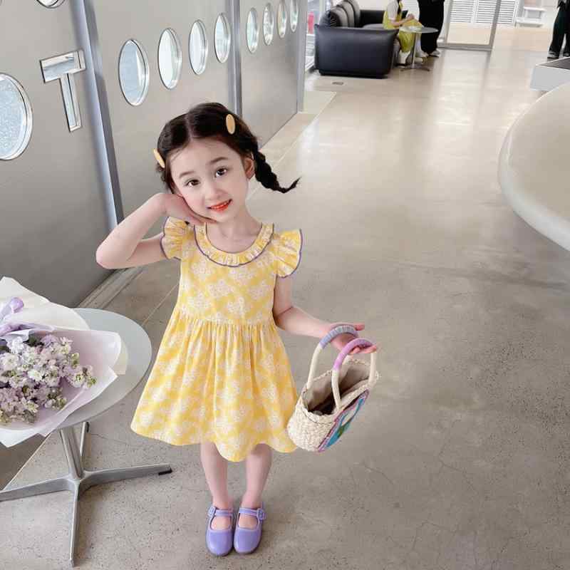 ワンピース キッズ 女の子 子供服 夏物 薄手 綿混 コットンブレンド フリル袖 Aラインスカート 花柄 小..