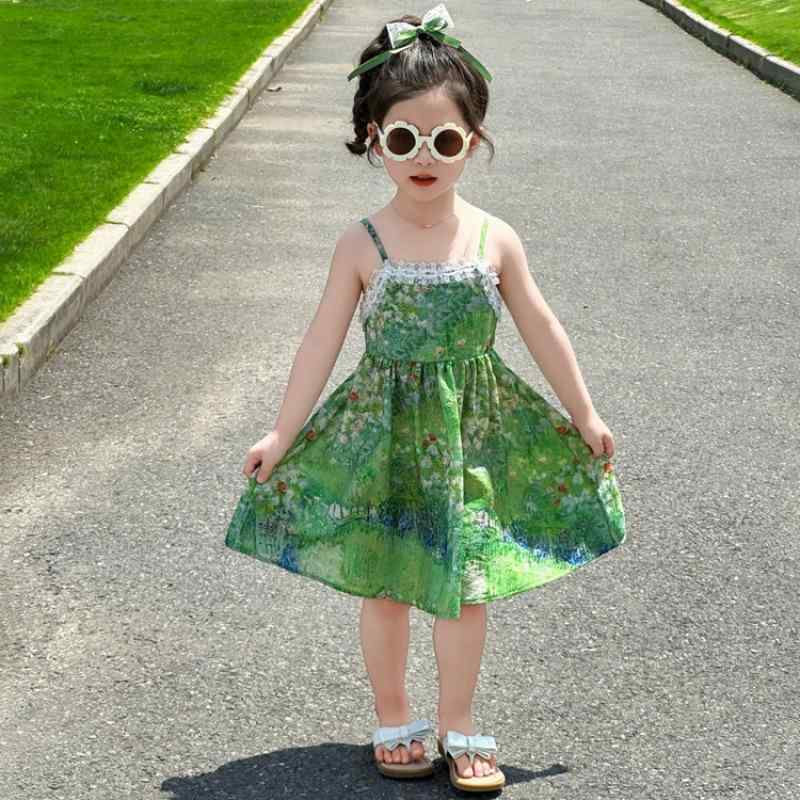 ワンピース 女の子 キッズ 春夏 キャミソール 油絵風アート柄 綿混 花柄 グリーン かわいい トレンド ..