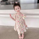 ワンピース 女の子 キッズ 夏服 花柄 パフスリーブ 半袖 かわいい おしゃれ 韓国風 プリンセスライン 子供服 綿混 ポリエステル フレアスカート イエロー レッド