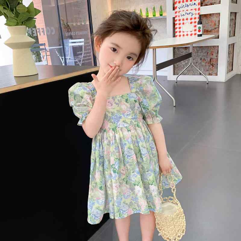 ワンピース 女の子 キッズ グリーン 小花柄 パフスリーブ プリンセス風 韓国風 夏服 綿 コットン おしゃれ かわいい お出かけドレス