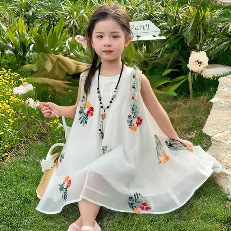 ワンピース 女の子 キッズ ベビー 民族風 中国風 刺繡 花柄 ノースリーブ 薄手 チュールスカート ミモレ丈 綿混 柔らかい素材 夏物 カジュアル