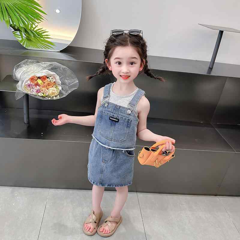 子供服 女の子 春夏 デニム ベスト スリーピース おしゃれ かわいい 韓国風 ストリート カジュアル ブルー 綿混