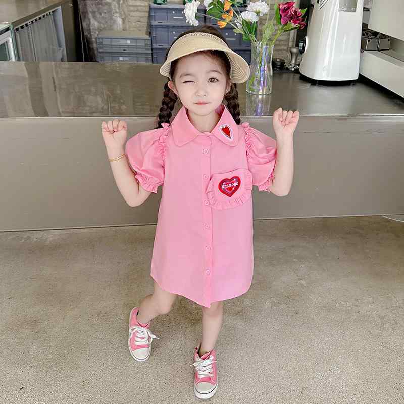 ワンピース 女の子 キッズ プリンセスドレス 夏 半袖 パフスリーブ 襟付き フレアスカート 綿 ポリエステル コットンブレンド 子供服 かわいい お姫様ドレス