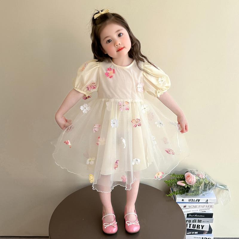 ワンピース キッズ 女の子 半袖 パフスリーブ 花柄 フラワー プリンセスドレス チュール フレア 夏 サマー お姫様風 かわいい