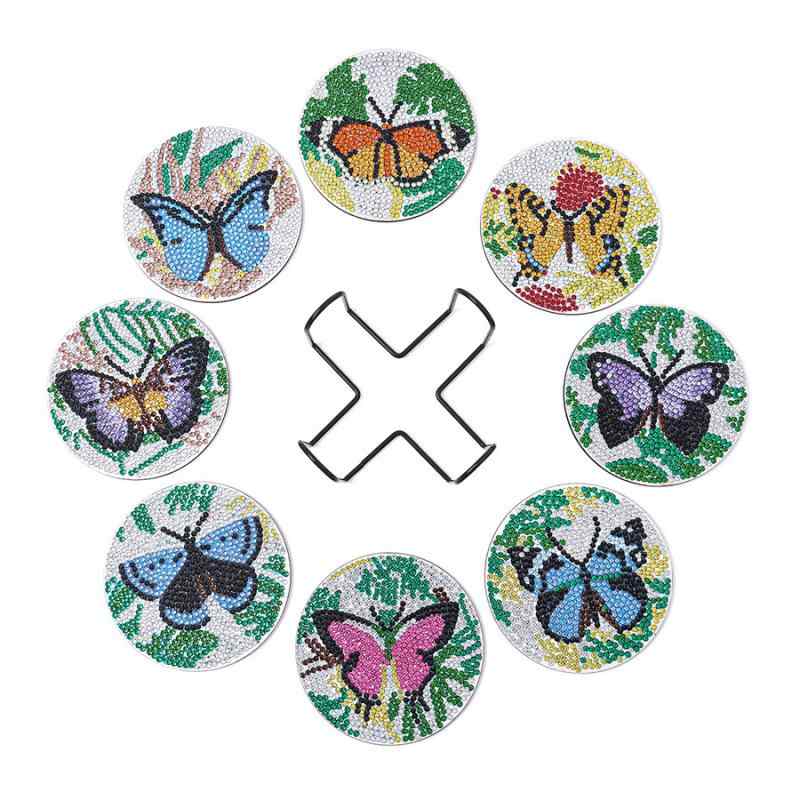 コースター ダイヤモンドアート 8点セット DIY 木製 ウッド スタンド付き 蝶々柄 ハンドメイド 手作りキット 初心者向け クラフト用品(x2)
