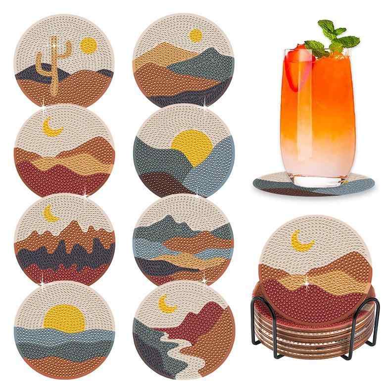 コースター DIY ダイヤモンドアート キット 8点セット 風景デザイン アクリル製 手作り スタンド付き 卓上 装飾 工芸品(x2)