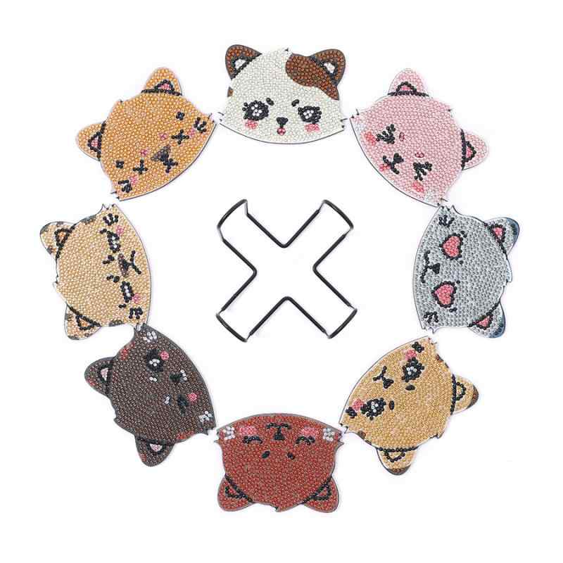 ダイヤモンドアート キット DIY 木製コースター 8個セット スタンド付き 動物デザイン 手作り クラフト用品 初心者向け ホビー(x2)