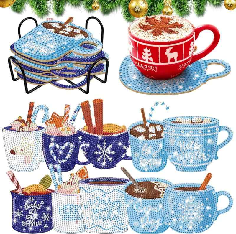 DIYダイヤモンドアートキット 木製コースター 輝くアイスクリーム柄 10個組 スタンド付き 手作りホビー おしゃれインテリア(x2)