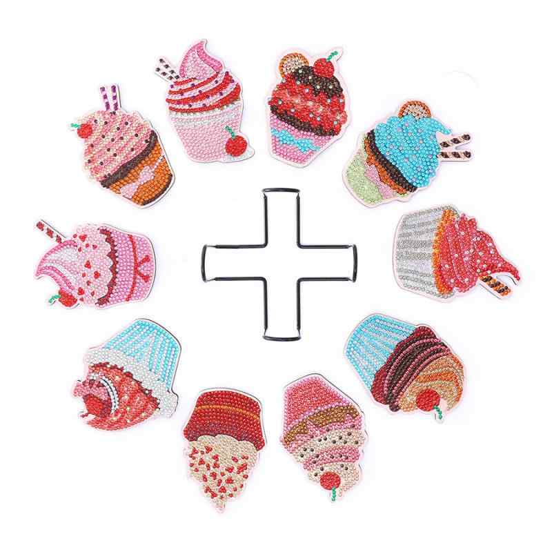 コースター DIY ダイヤモンドアート 10個セット 複数シェイプ スタンド付き アイスクリーム柄 かわいい おしゃれ 木製 手作りキット クラフト用品(x2)