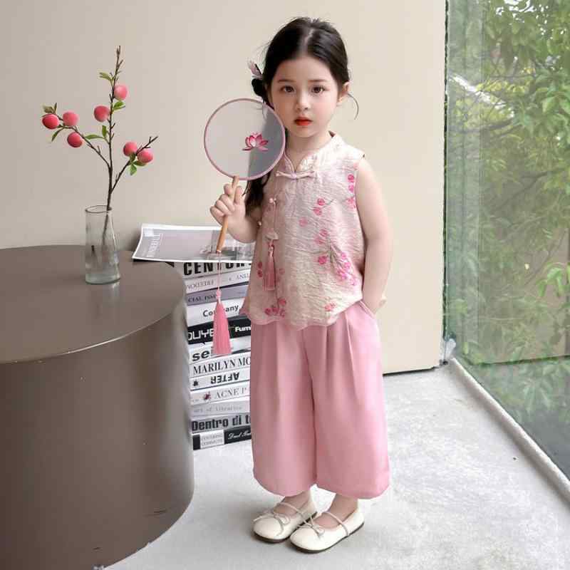 漢服 女の子 ベビー キッズ 夏 薄手 古風 新中華風 梅柄 ノースリーブ パンツ ツーピース プルオーバー..