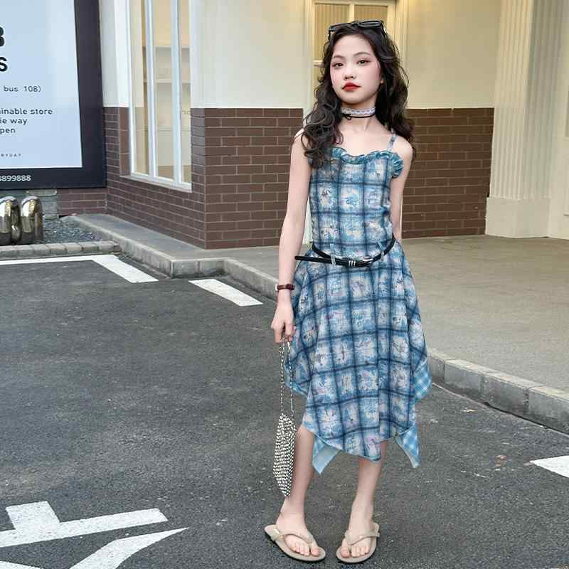 ワンピース キッズ 女の子 夏 サマー キャミソールワンピース ノースリーブ 薄手 軽量 チェック柄 ブルー 韓国風 おしゃれ Aライン 普段着 お出かけ カジュアル 子供服 綿混 ポリエステル