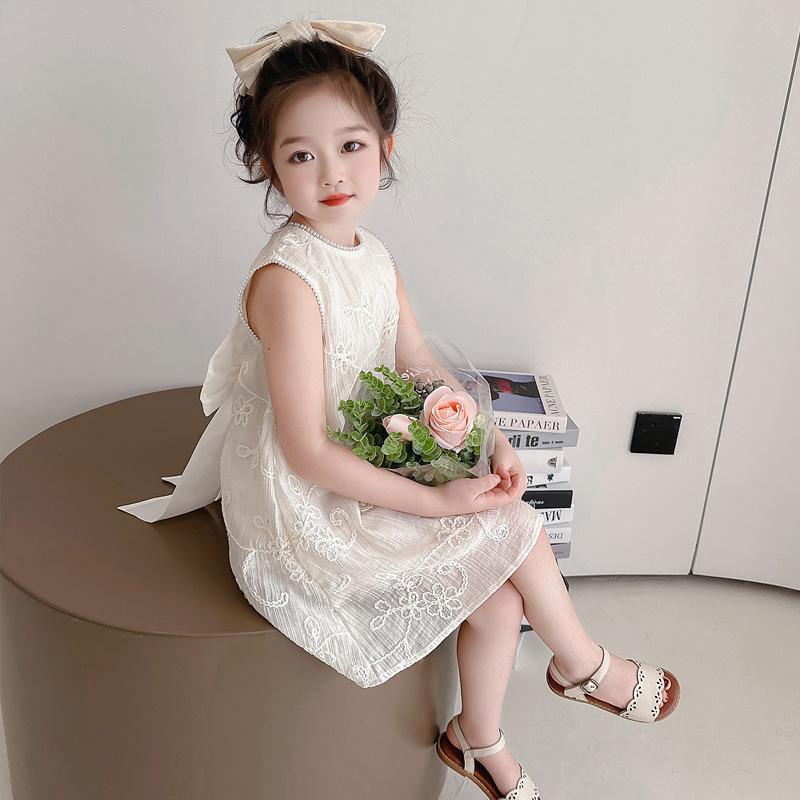 ワンピース 女の子 キッズ ノースリーブ プリンセスドレス 夏 おしゃれ ポリエステル レース パール 背中リボン お出かけ パーティー 発表会 フォーマル