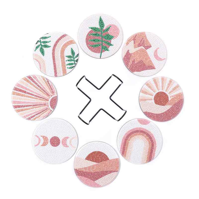 コースター 8個セット 夕焼け風景 サンセット 木製 ダイヤモンドアート DIYキット 手作り ハンドメイド 断熱 滑り止め スタンド付き インテリア おしゃれ モダン リビング飾り(x2)