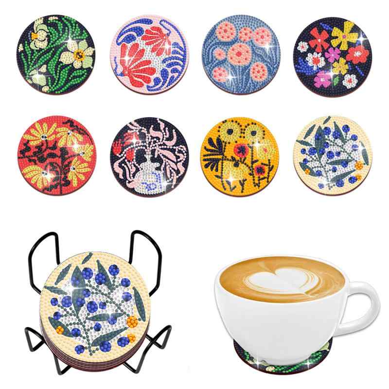ダイヤモンドアート キット コースター 8点セット 木製 円形 花柄 DIY 手作り ラインストーン 断熱 滑り止め スタンド付き おしゃれ モダン テーブルウェア キッチン用品 雑貨(x2)