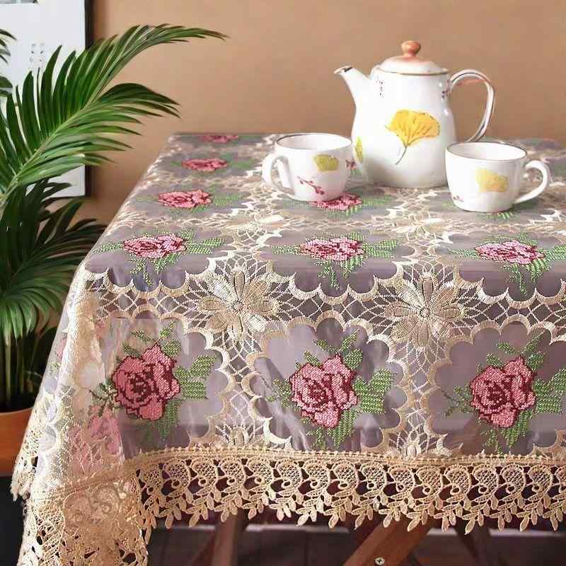 テーブルクロス ヨーロピアン風 レース クロスステッチ刺繍 布製 マルチカバー 正方形 防塵 おしゃれ エレガント ダイニング リビング ナイトテーブル キャビネット ピンク ローズ柄