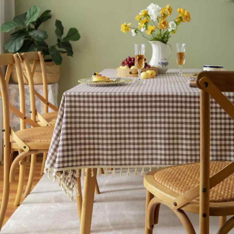 テーブルクロス 綿麻 コットンリネン 和風 北欧風 ミニ格子柄 チェック フリンジ付き ダイニング 食卓カバー シンプル おしゃれ 大判 長方形 滑り止め 耐摩耗 防汚加工