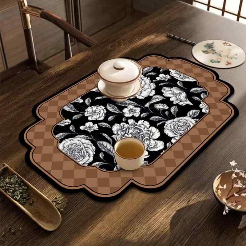 茶器マット レトロ 中国風 茶台用 コースター 断熱 耐熱 珪藻土 吸水性 速乾 テックファブリック ラバー素材 滑り止め付き 食卓 茶卓 傷防止 植物柄 デザインカット