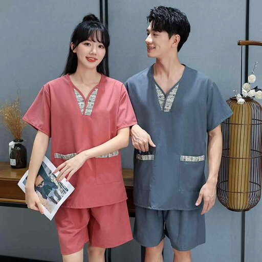 部屋着 男女兼用 カップル 麻混 大きいサイズ Vネック 刺繍 サウナウェア パジャマ リラックスウェア マッサージ 部屋着 男女兼用 カップル 麻混 大きいサイズ Vネック 刺繍 サウナウェア パジャマ リラックスウェア マッサージ
