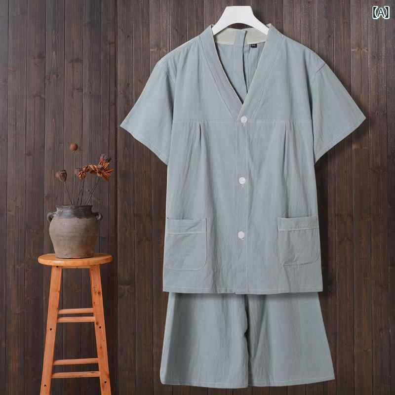 パジャマ 施術着 男女兼用 艾灸 鍼灸 マッサージ 治療 美容院 綿 コットン 半袖 前開き 後ろ開き ボタン留め セットアップ シンプル 快適 院内着 制服 ユニフォーム グレー グリーン レッド 茶色