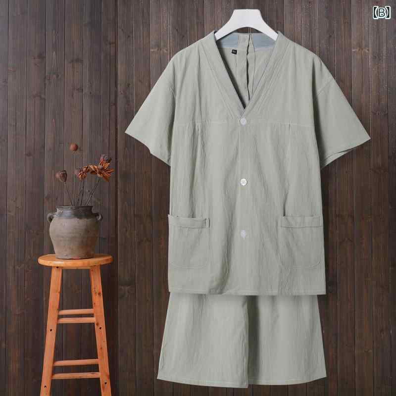 パジャマ 施術着 男女兼用 艾灸 鍼灸 マッサージ 治療 美容院 綿 コットン 半袖 前開き 後ろ開き ボタン留め セットアップ シンプル 快適 院内着 制服 ユニフォーム グレー グリーン レッド 茶色