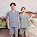 パジャマ 男女兼用 ユニセックス 綿100% コットン 部屋着 サウナウェア マッサージウェア ルームウェア 肌触り 快適 ショート丈 半袖 無地 セットアップ