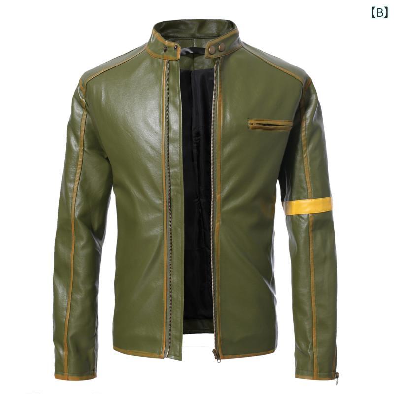 レザージャケット メンズ 男性 ティーンズ PUレザー ダメージ加工 スタンドカラー ライダースジャケット 革ジャン パンクスタイル アウター カーキ グリーン ダークブルー ブラック 春秋