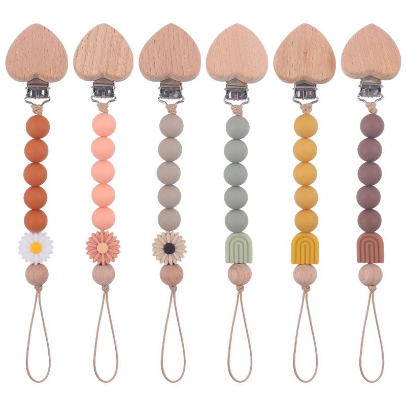 ベビー用品 おしゃぶりホルダー 歯固めクリップ シリコン ブナ材 木製 ハート デイジー レインボー カラフル かわいい デザイン 多色展開(x3)