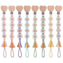 ベビー用品 乳幼児用 おしゃぶりクリップ 落下防止チェーン かわいい ハート柄 ブナ材 手作り フラワーモチーフ 編み込み コットンロープ カラフル(x3)