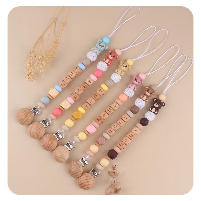 ベビー用品 赤ちゃん用 おしゃぶりクリップ 歯固め ブナ材 シリコン 3D クマ キャラクター かわいい 落下防止チェーン 乳児 幼児 子供(x3)