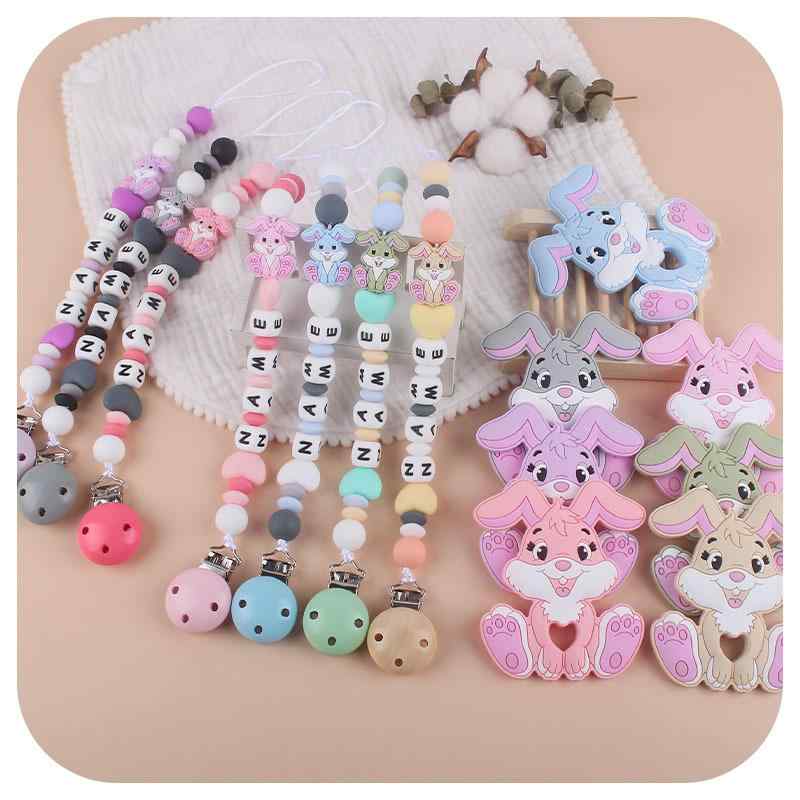 ベビー用品 赤ちゃん 乳幼児用 シリコン 天然木 おしゃぶりチェーン 歯固め うさぎ デザイン 噛むおもちゃ 落下防止 ファーストトイ 多機能 安心安全 カラフルセット(x3)