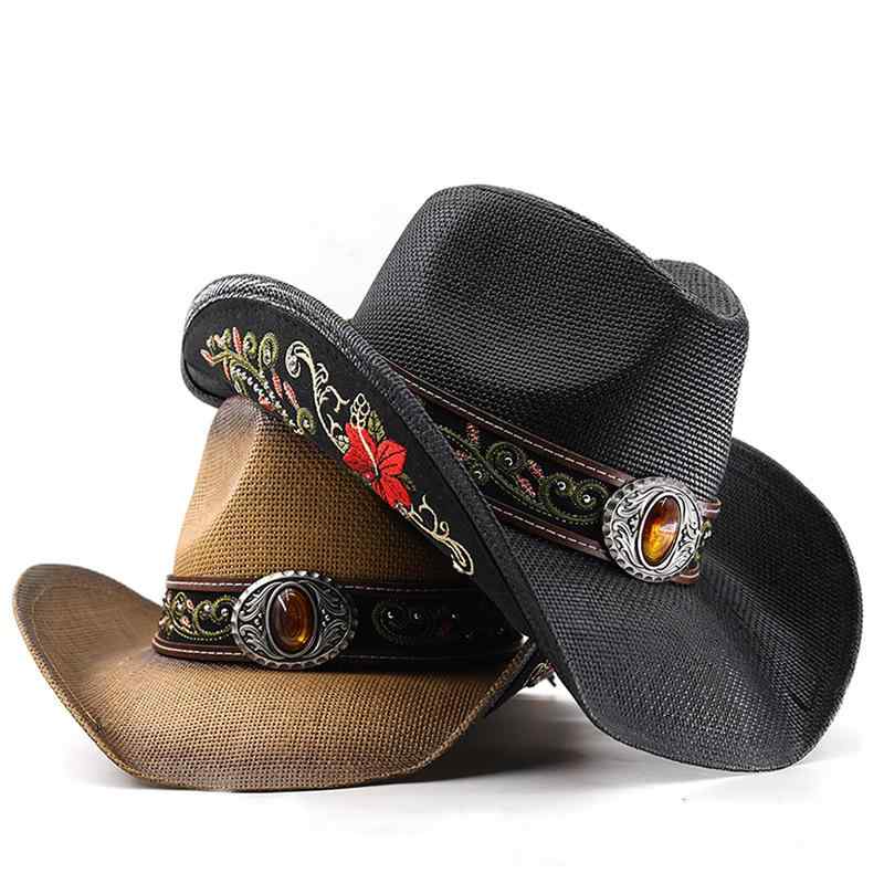 麦わら帽子 男女兼用 フェドラハット風 中折れハット デニム風 花柄刺繍 ワイドブリム 広つば UVカット..