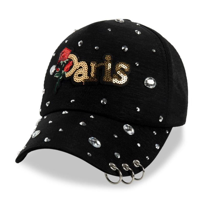 野球帽 レディース コットン素材 アルファベット メタルリング ラインストーン UVカット 日よけ キャップ 春夏秋 アウトドア カジュアル スポーツ ラウンドトップ ショートブリム ブラック ホワイト ピンク