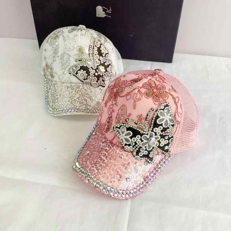 キャップ レディース ラインストーン 蝶々 花柄 レース スパンコール メッシュ 通気性 UVカット 日よけ ベースボールキャップ おしゃれ 個性的 カジュアル 春夏秋 ブラック ホワイト ピンク(x2)