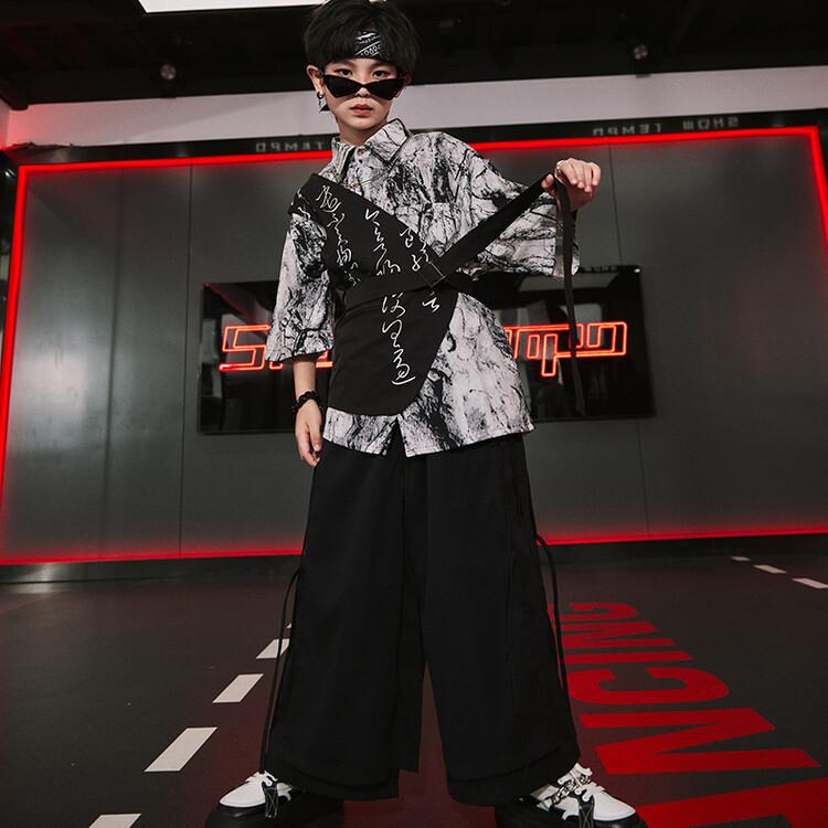 キッズ 男児 ストリートダンス 衣装 ヒップホップ ジャズダンス 発表会 レッスン着 チャイナ風 ベスト シャツ パンツ セットアップ 綿素材 かっこいい
