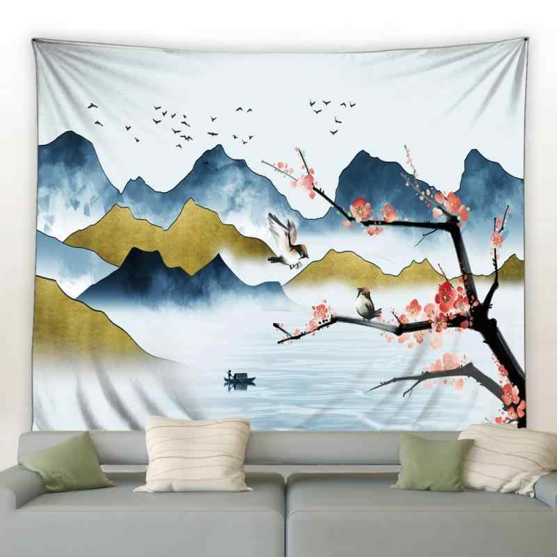 タペストリー 山水画 日の出 七色 山 森 風景画 インテリア 壁掛け 寝室 リビング 書斎 ダイニング 背景布 装飾 欧風 ヨーロピアン ポリエステル