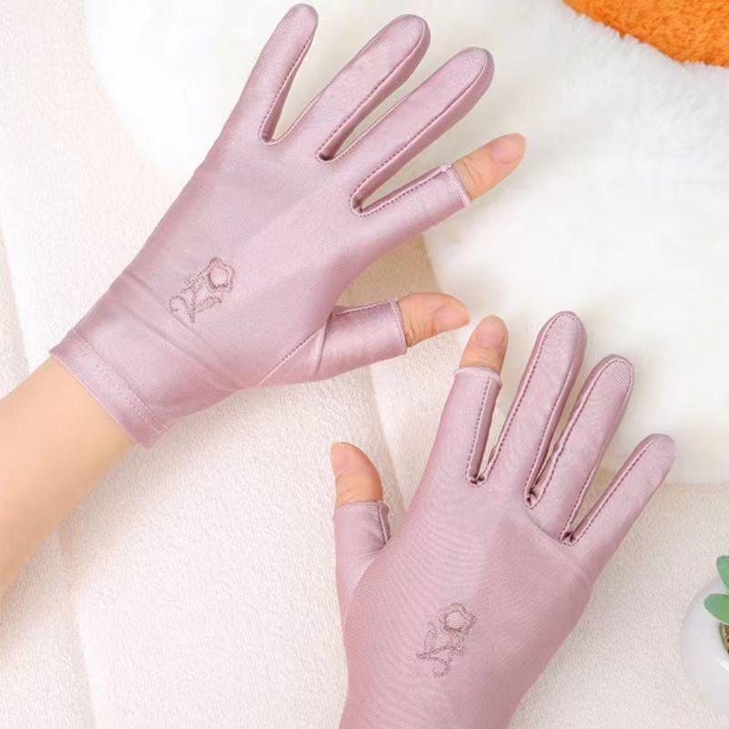 手袋 夏用 UVカット 薄手 通気性 速乾 タッチスクリーン対応 指先なし バラ刺繍 サイクリング ドライブ..