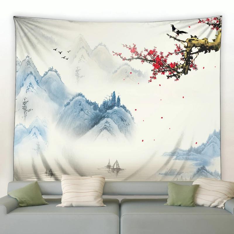 タペストリー 水墨画風 自然風景 山水画 リバービュー ポリエステル 壁掛け ウォールアート ヨーロピア..