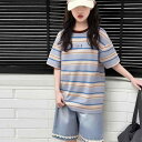 セットアップ ガールズ ジュニア 女の子 春夏 ストライプ柄 半袖 Tシャツ フリル デニム ショートパンツ 2点セット ゆったり 綿 コットン 薄手 カジュアル