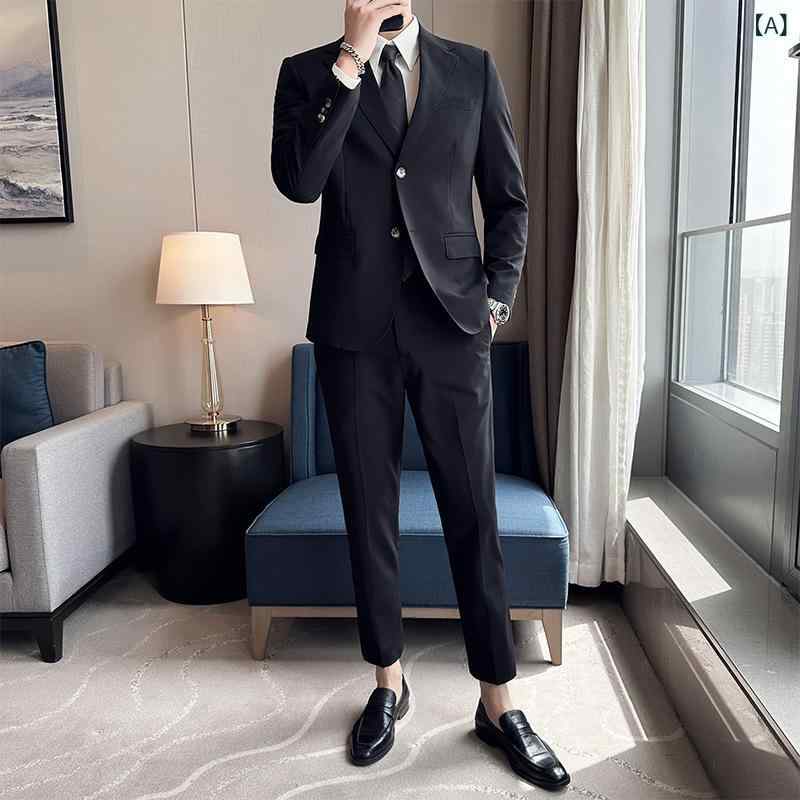 スーツ メンズ 男性用 薄手 春秋物 2点セット スリムフィット 無地 上質感 結婚式 フォーマル カジュアル 礼服 化繊混紡 ライトビジネス