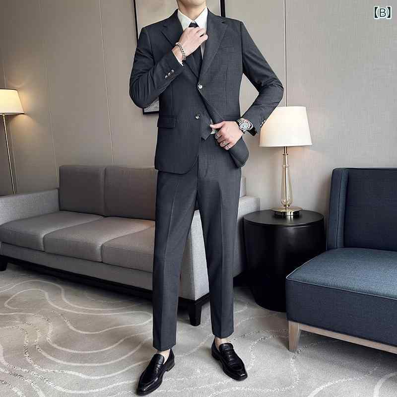 スーツ メンズ 男性用 薄手 春秋物 2点セット スリムフィット 無地 上質感 結婚式 フォーマル カジュアル 礼服 化繊混紡 ライトビジネス