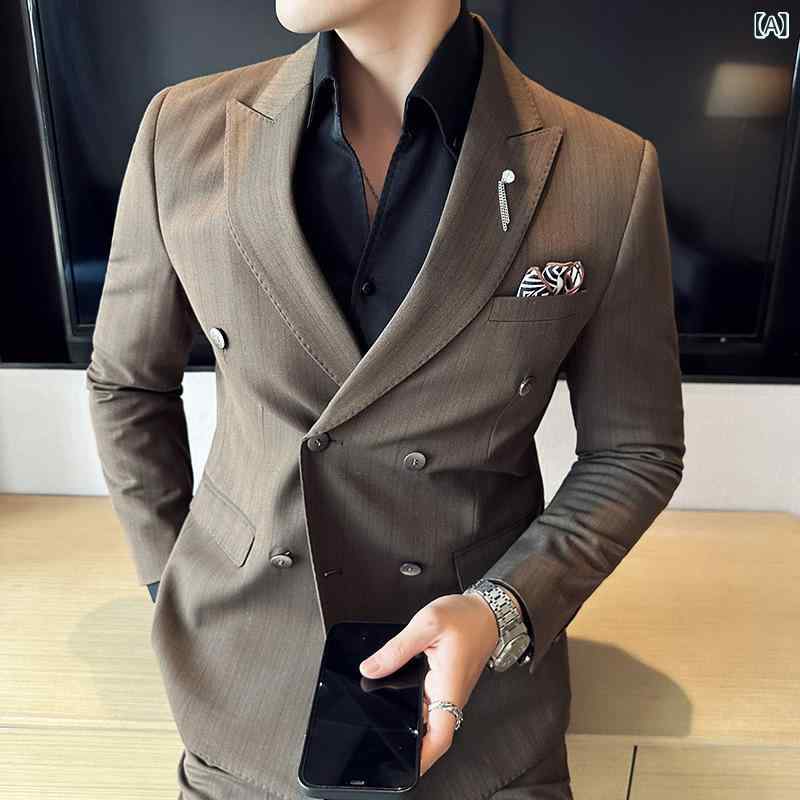 スーツ メンズ 先染め 高級感 スリムフィット 細身 シャドー柄 織り柄 ダブルブレスト ダブルボタン ピークドラペル セットアップ カジュアル ビジネス 化学繊維混紡 レーヨン混 ダークカーキ ダークグレー 春