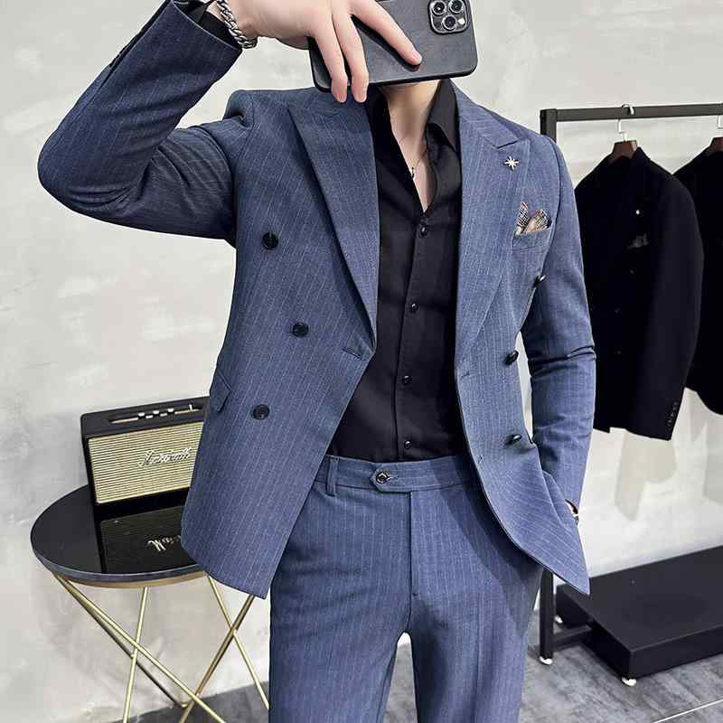 スーツ メンズ ダブルブレスト 春夏 ストライプ柄 質感 スリムフィット ピークドラペル フォーマル 2点セット ビジネスカジュアル 混紡素材 レーヨン サイドベンツ メタル装飾 ブラック ネイビー ミディアムグレー