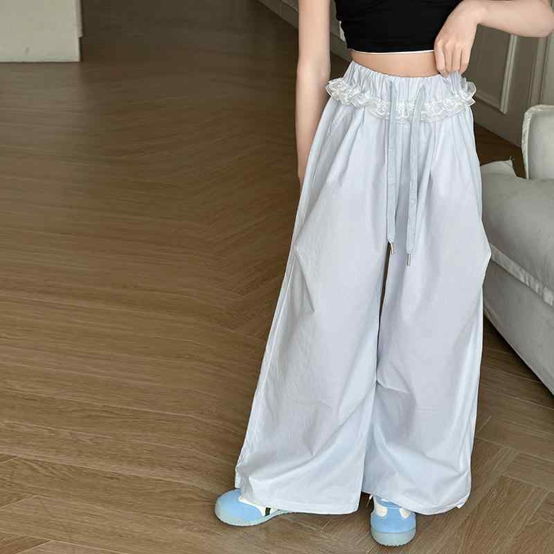 楽天花りぼんパンツ 女の子 キッズ ジュニア 薄手 春夏 吸湿速乾 サラサラ レース フリル ワイドパンツ ゆったり ハイウエスト 韓国風 カジュアル 普段使い 綿 ボトムス ブラック ピンク