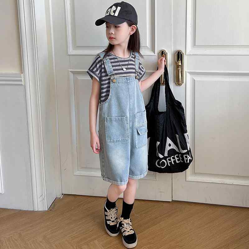 デニム サロペット キッズ 女の子 ガールズ 春夏 綿 コットン 薄手 カジュアル 普段使い おしゃれ ファッション オーバーオール ショートパンツ 短パン ブルー ネイビー