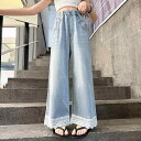 デニムパンツ ジーンズ 女の子 キッズ ジュニア 春夏 薄手 ゆったり ワイド ストレート ハイウエスト ゴムウエスト 韓国風 普段使い お出かけ 長ズボン